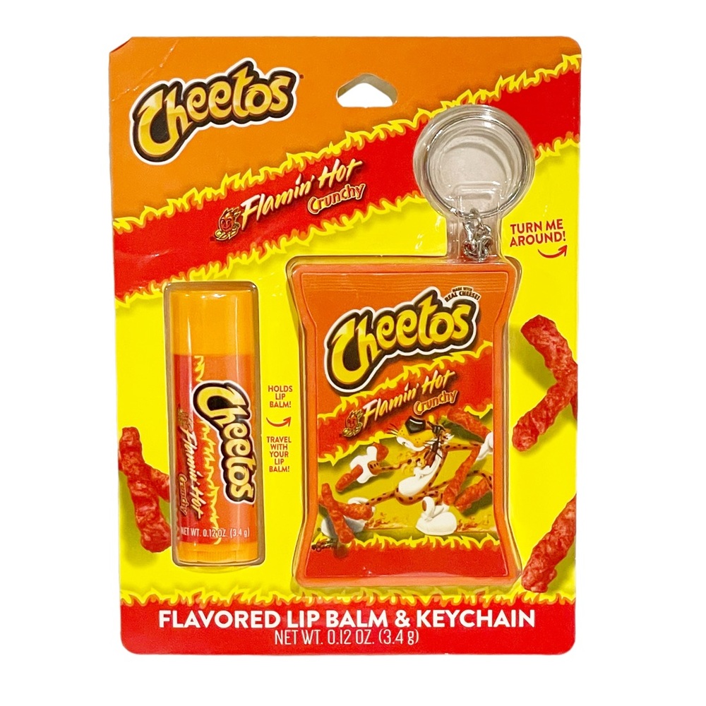 Cheetos Flamin Hot Crunchy Flavored Lip Balm Keychain Set NEW NWT Gag Gift Funny